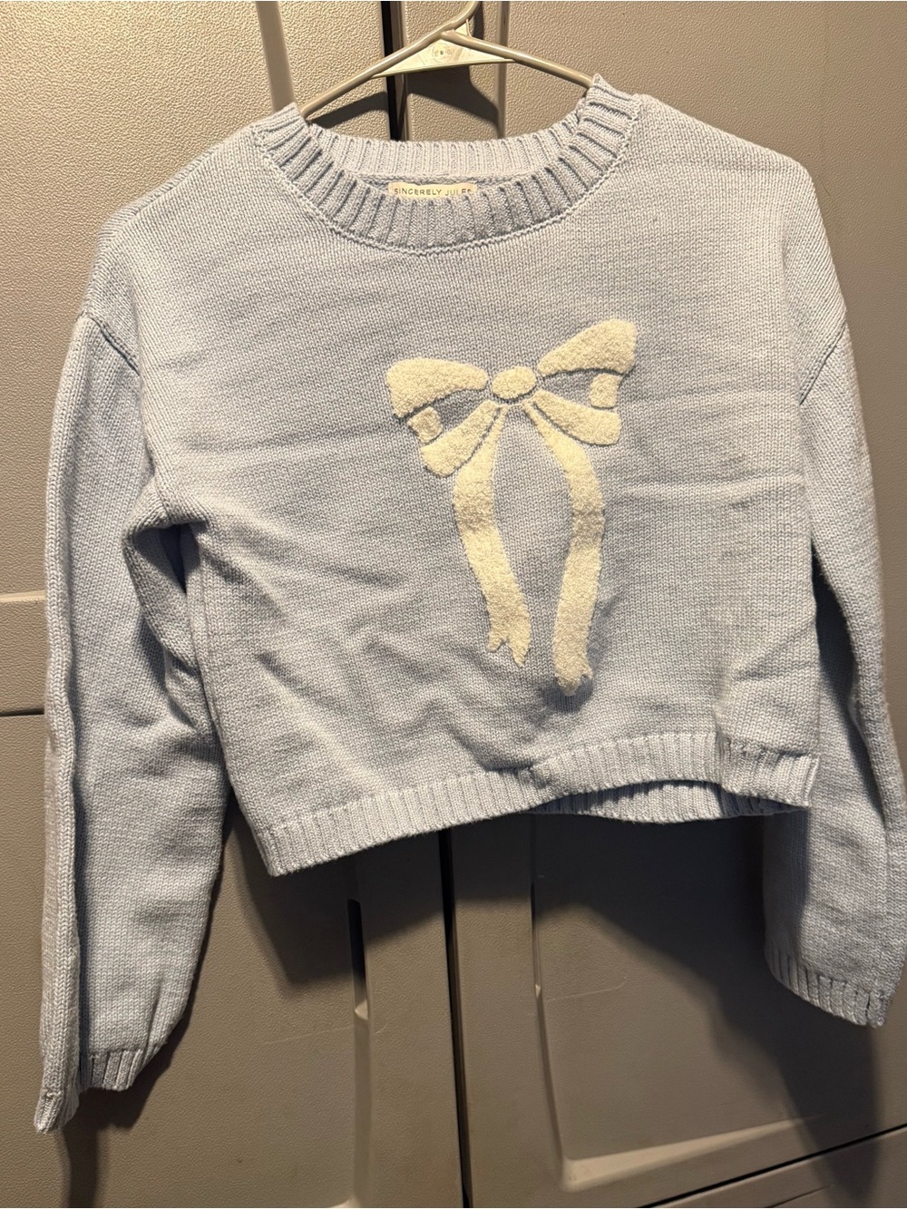 Sincerly Jules Powder Blue Cropped Crewneck Sweater with Cream Bow